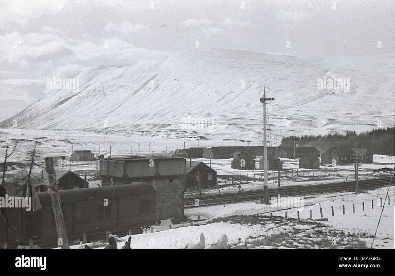 Temporary accommodation near Dalwhinnie built for workers on a Hydro-Electric scheme construction in the 1930s Stock Photo