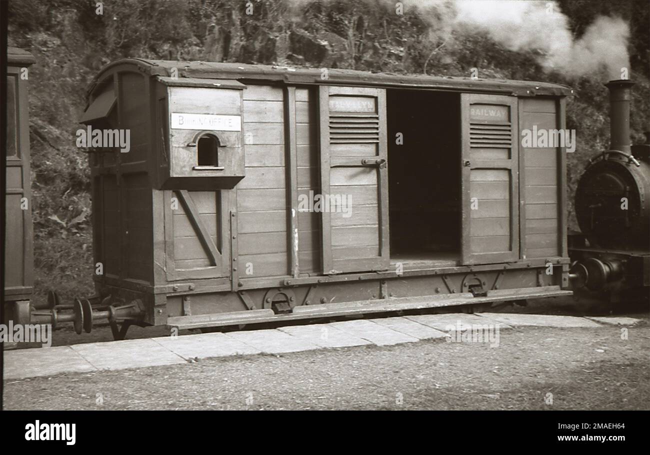 Tallylyn Railway Carriage No.5, a combined Brake Van and Booking Office, is seen at Abergynolwyn in about 1935 Stock Photo
