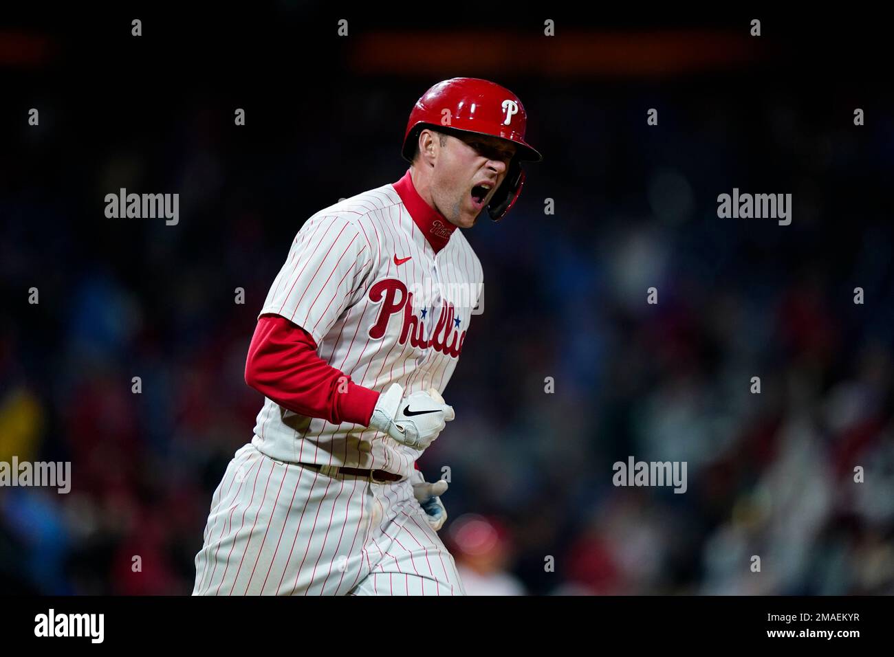 Philadelphia Phillies' Rhys Hoskins reacts after a home run during a  baseball game, Friday, Sept. 23, 2022, in Philadelphia. (AP Photo/Matt  Slocum Stock Photo - Alamy