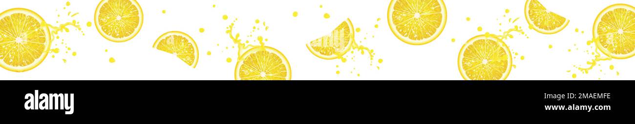 horizontal banner with juicy lemon slices on white background Stock Vector