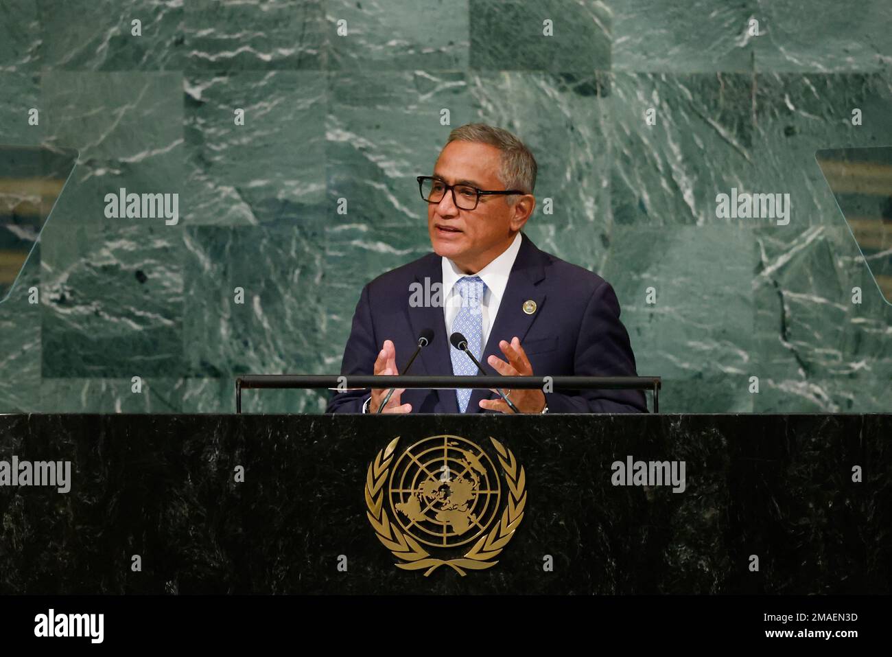 Prime Minister of Belize John Briceno addresses the 77th session of the ...
