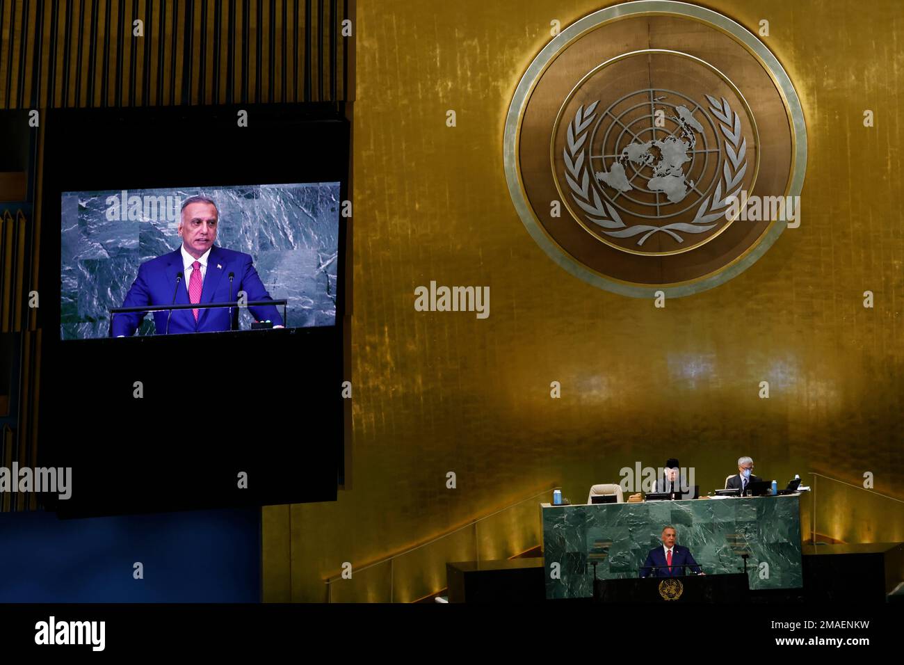 Prime Minister of Iraq Mustafa Al-Kadhimi addresses the 77th session of ...