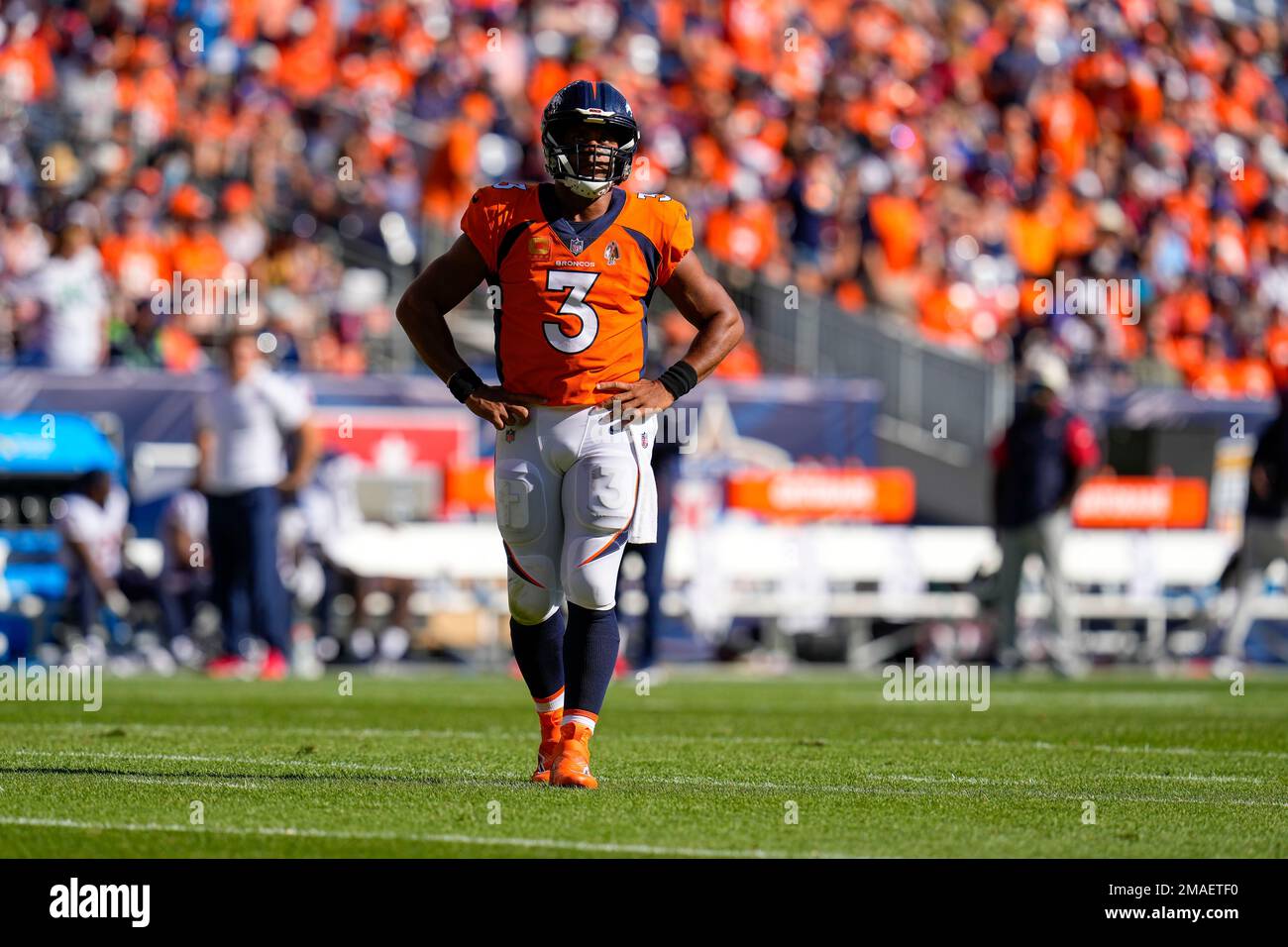 Denver Broncos quarterback Russell Wilson (3) looks on against the ...
