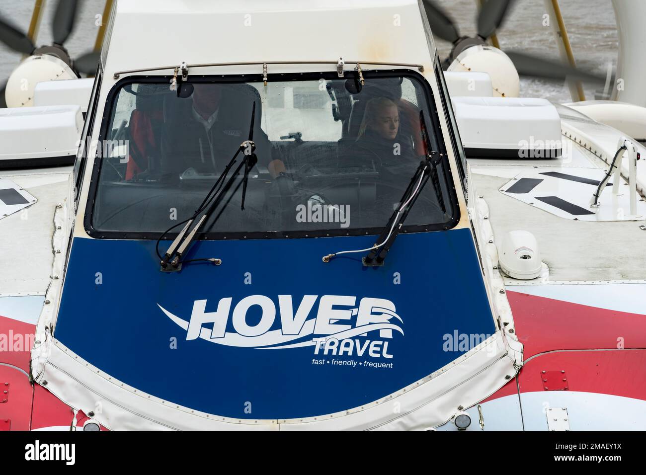 Hover craft pilot and copilot in cabin on Island Flyer Hover Travel