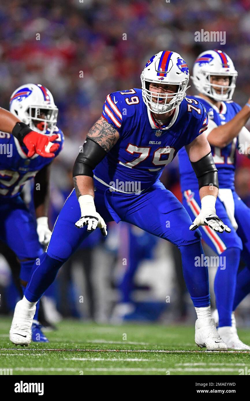 Buffalo Bills offensive tackle Spencer Brown (79) during the first half of  an NFL football game against the Tennessee Titans Monday, Sept. 19, 2022,  in Orchard Park, N.Y. (AP Photo/Adrian Kraus Stock