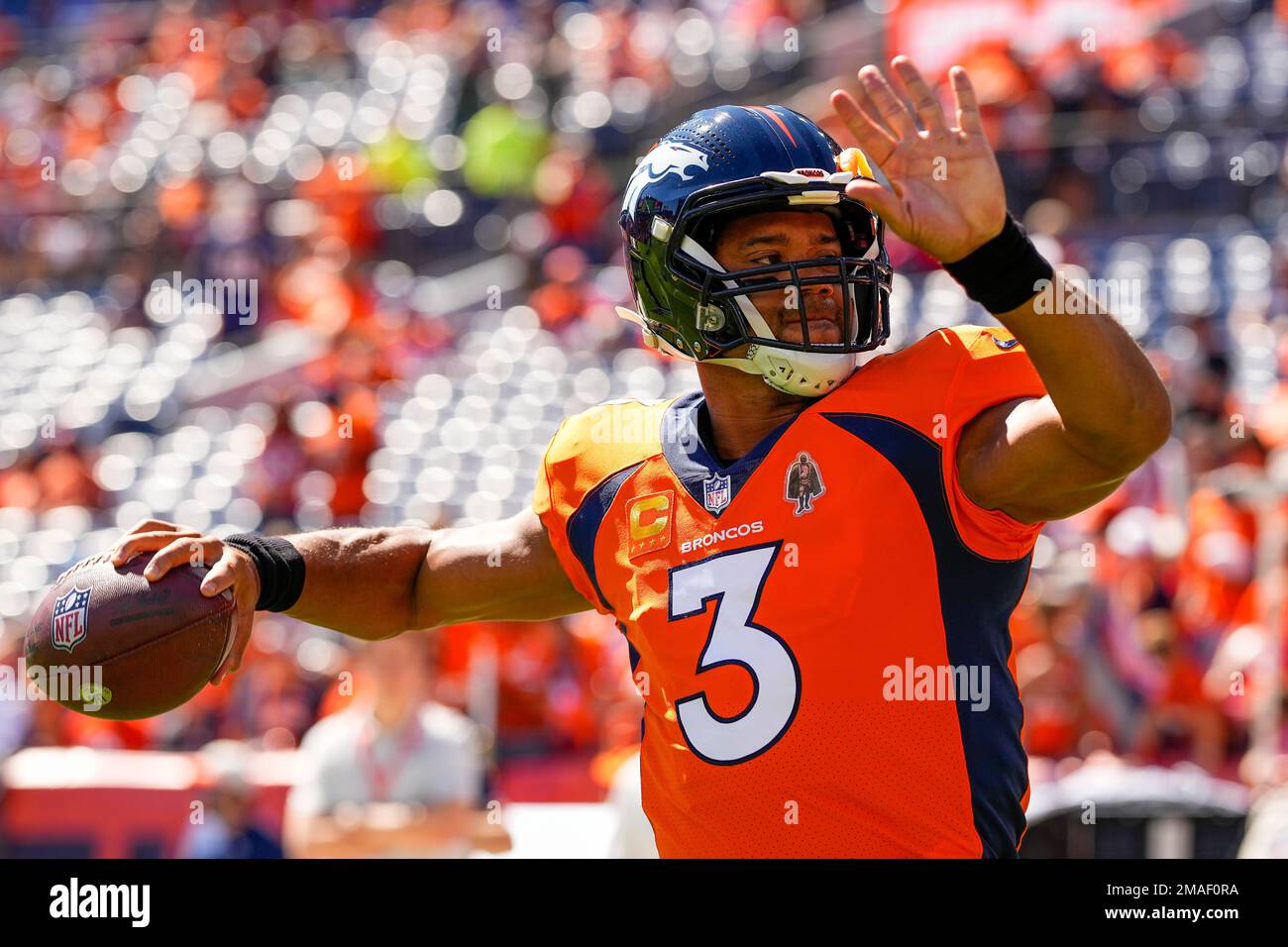 Denver Broncos quarterback Russell Wilson (3) warms up against the ...