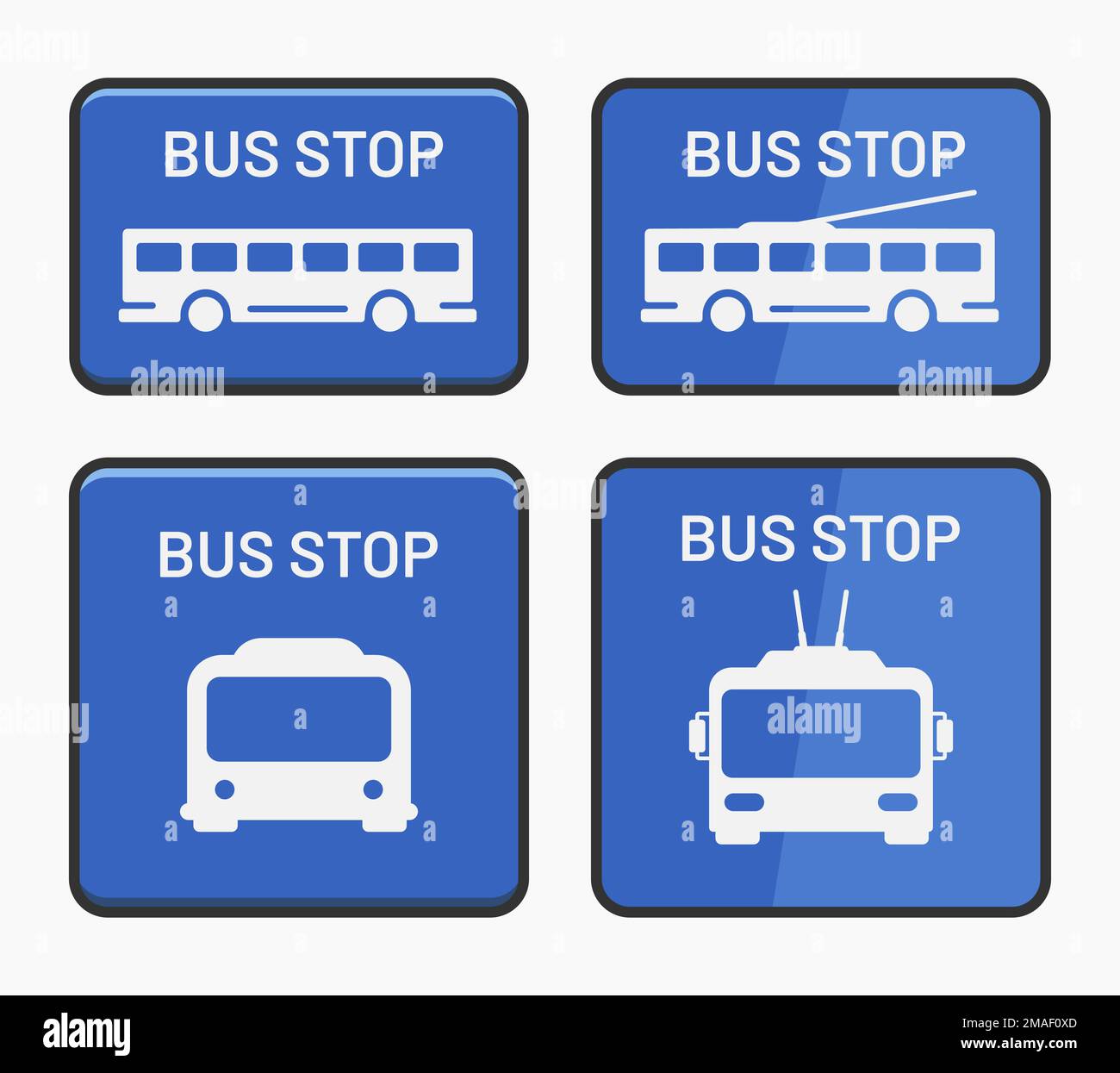 trolley bus stop blue and white sign icon vector flat illustration Stock Vector
