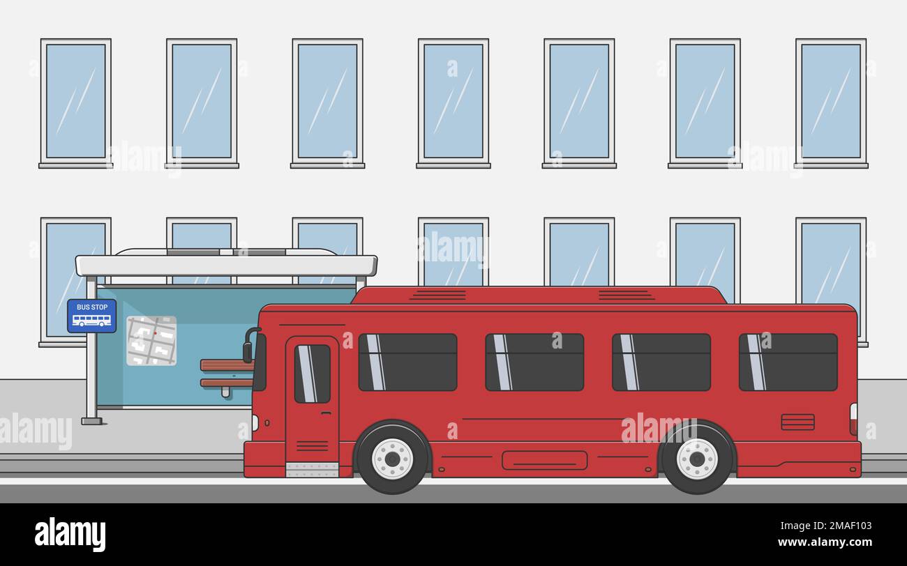 red bus at the bus stop near building side view vector flat illustration Stock Vector