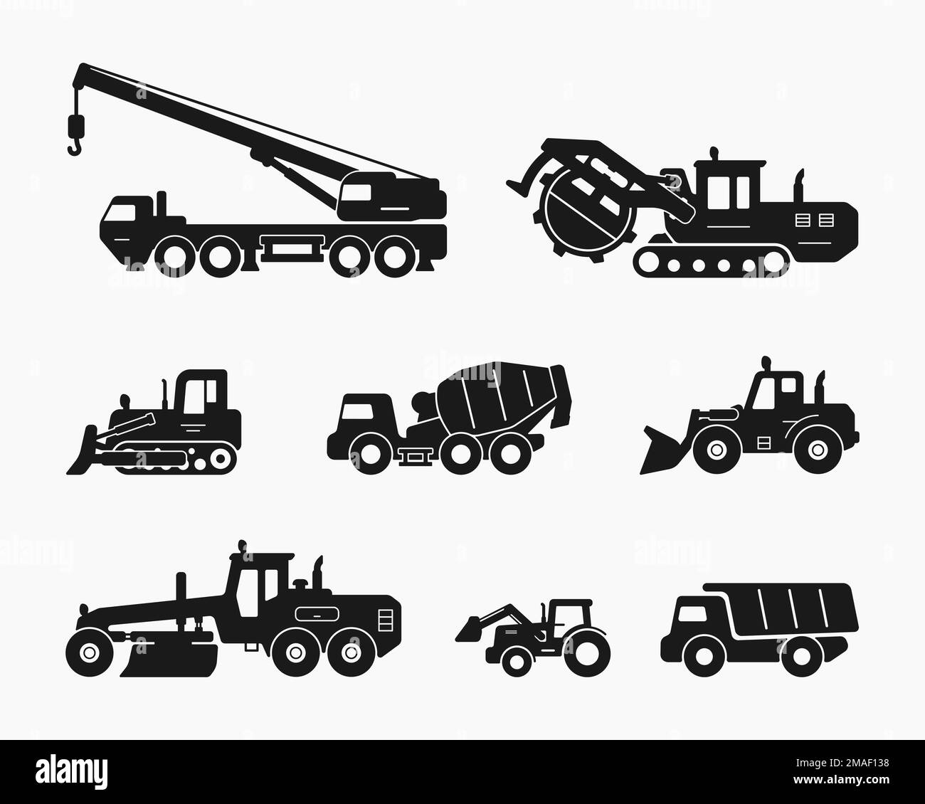 industrial construction vehicles shape icon set vector flat