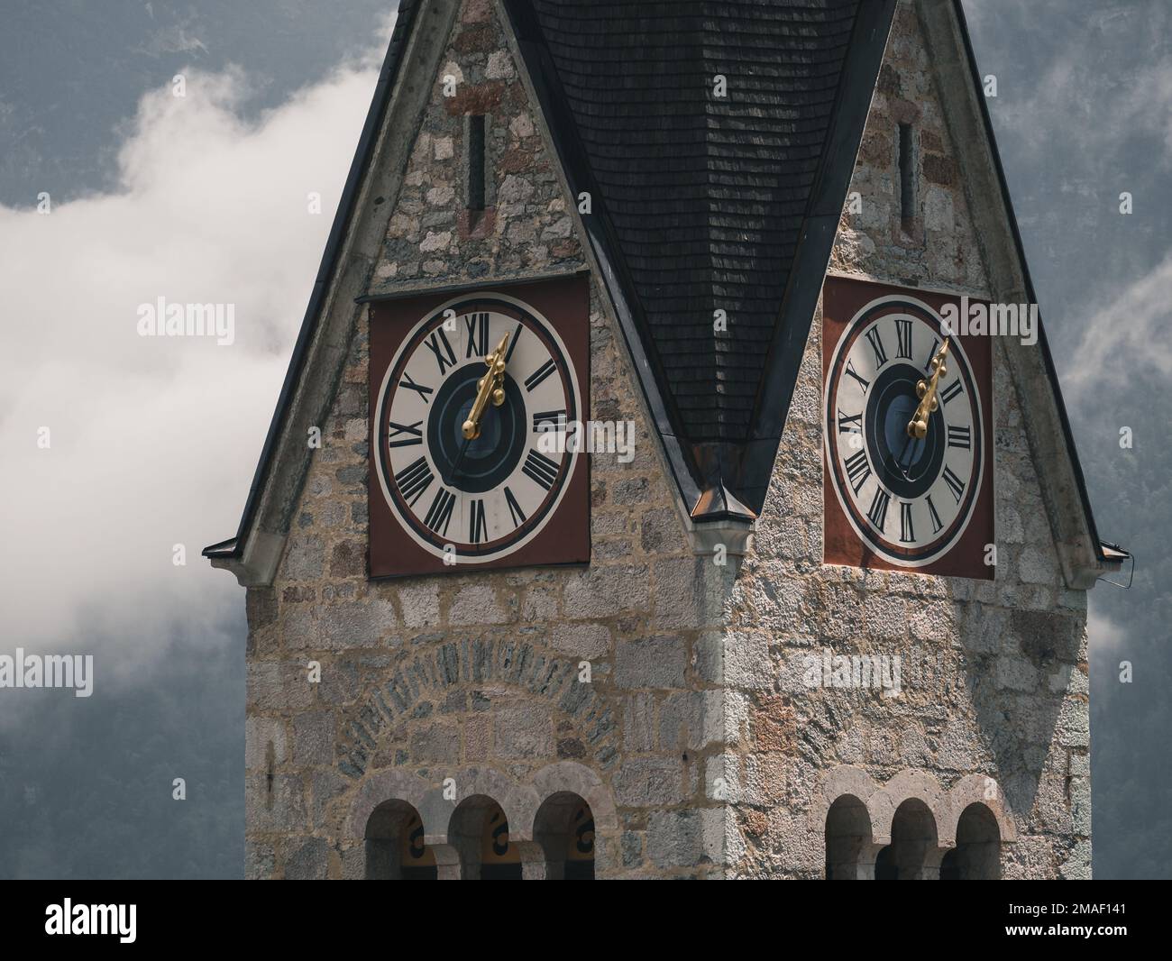 Detail of church clock in Halstatt, Austria. Stock Photo