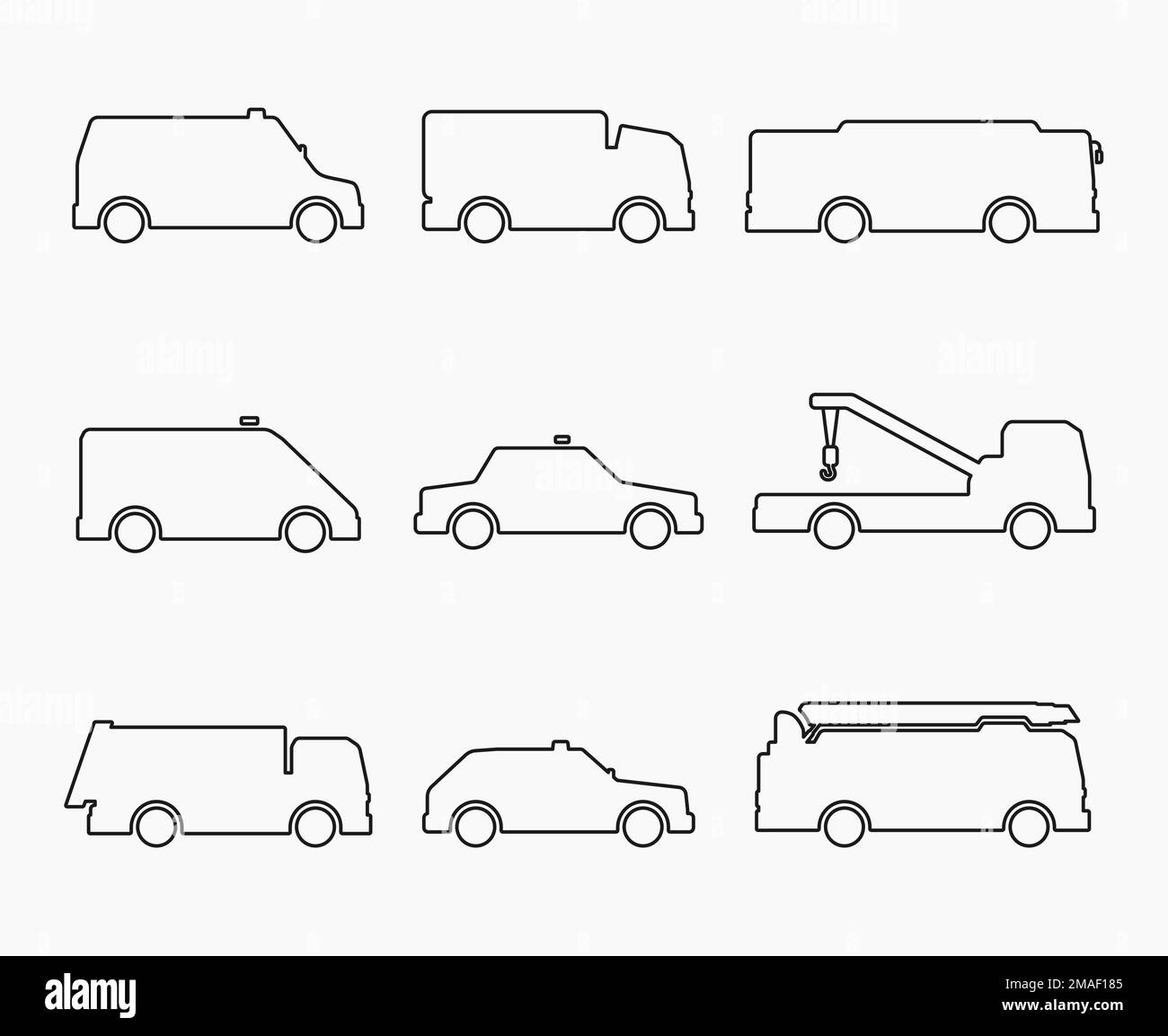 city service car transport truck line icon set vector flat illustration Stock Vector