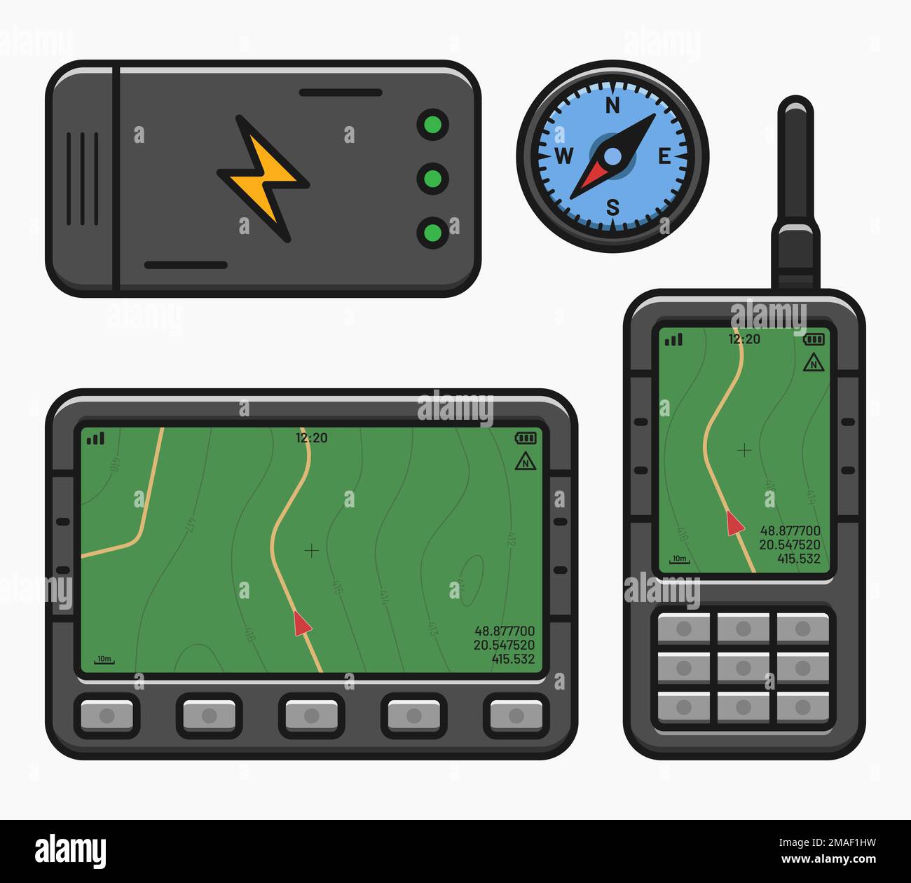 portable gps navigation system compass battery set isolated background