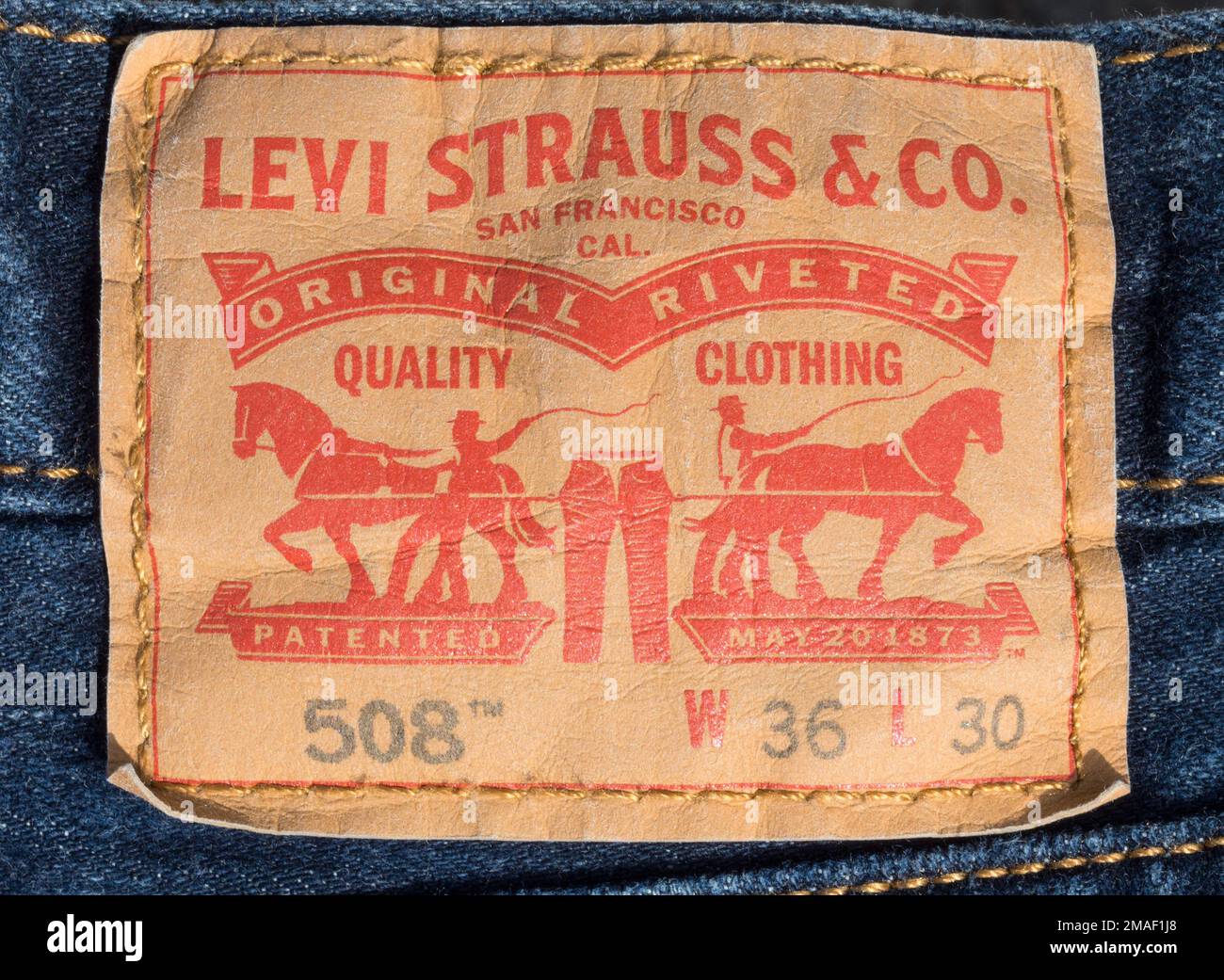 Chisinau ,Moldova - JAugust 19, 2016: Closeup of Levi's jeans label. Levi Strauss is a private company produced jeans. Stock Photo