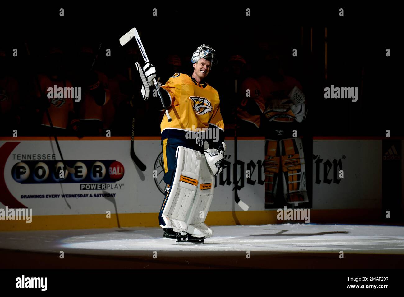 FILE - Nashville Predators goaltender Pekka Rinne (35) waves to the ...
