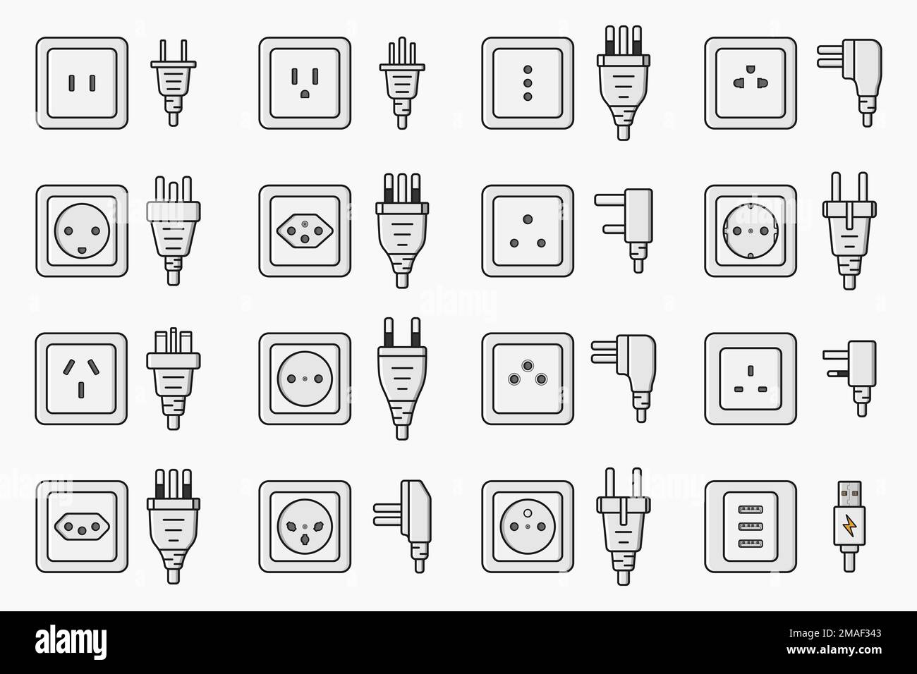 power outlet plug world standards icons set vector flat illustration