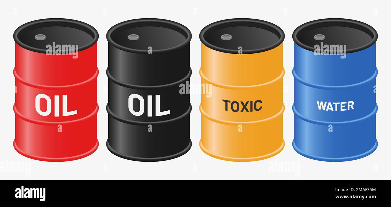 oil, toxic waste and water barrel isometric realistic set vector flat illustration Stock Vector