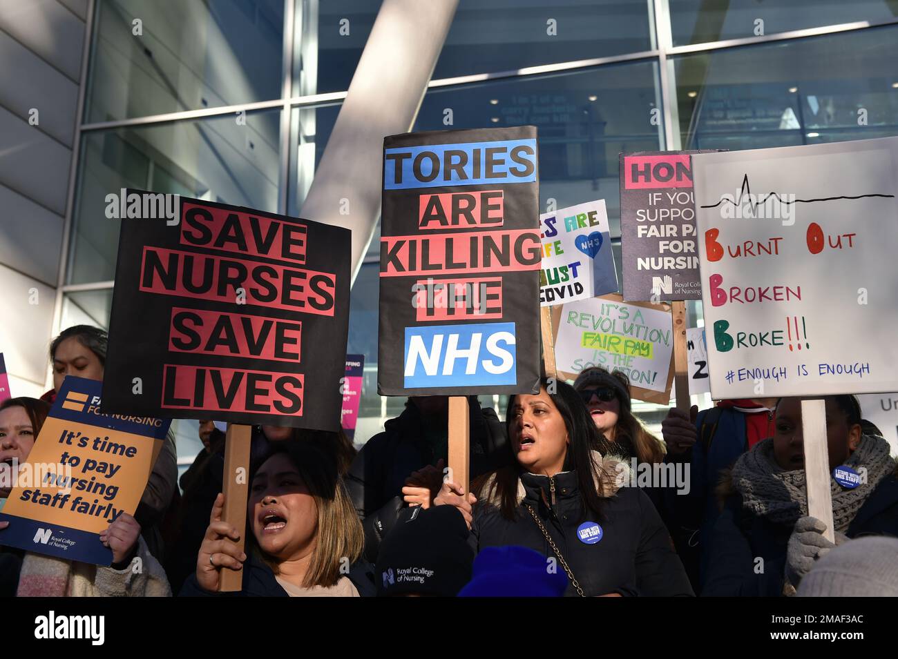 Nurses industrial action in England in dispute with the Government over pay and conditions, at University College London Hospital in Euston Road, London. Stock Photo