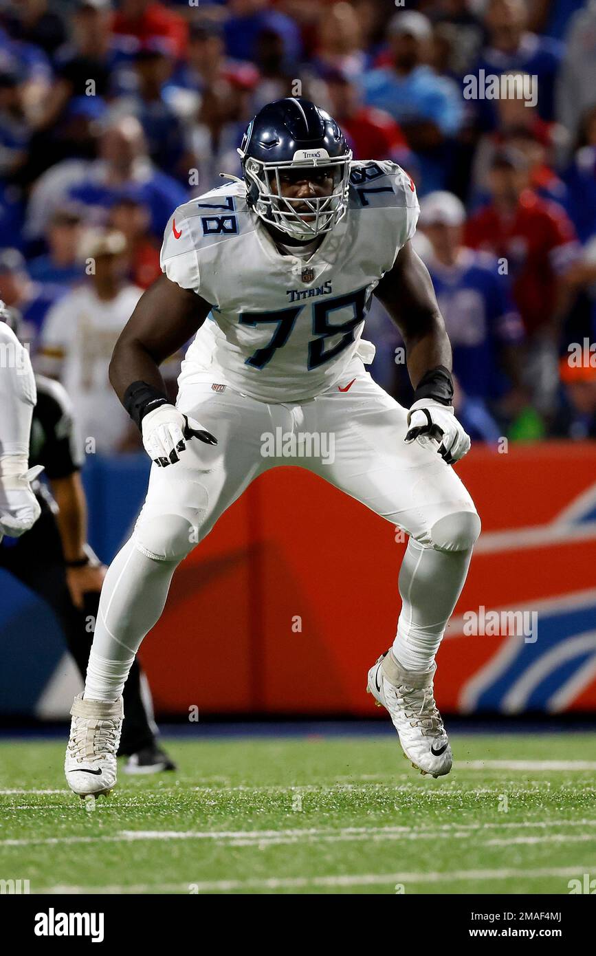 Tennessee Titans offensive tackle Nicholas Petit-Frere (78) looks to make a  block during an NFL football game against the Buffalo Bills, Monday, Sept.  19, 2022, in Orchard Park, N.Y. (AP Photo/Kirk Irwin