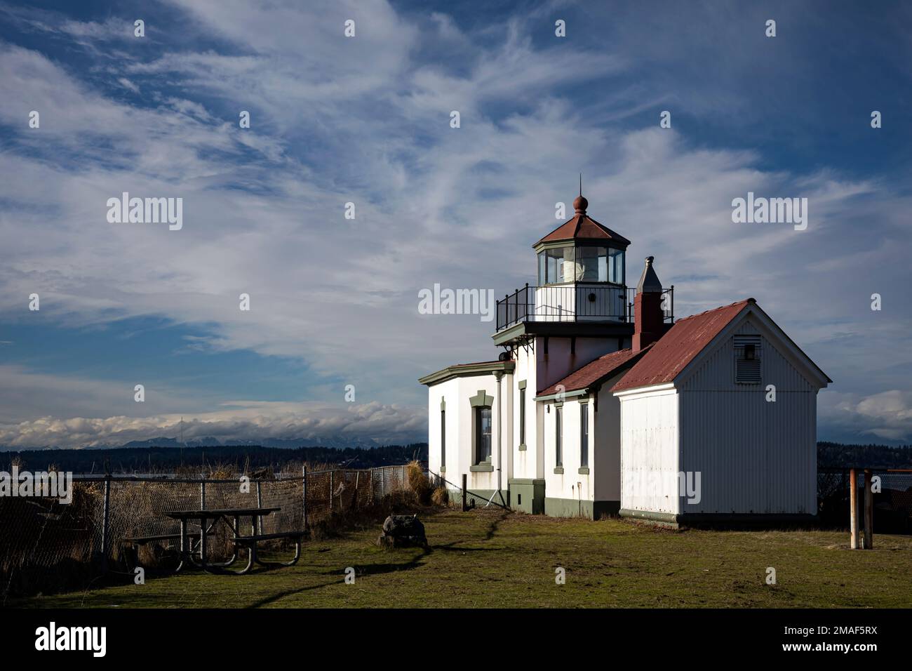 WA22965-00...WASHINGTON - West Point Lighthouse, located in Seattle's Discovery Park at the north end of Elliott Bay. Stock Photo
