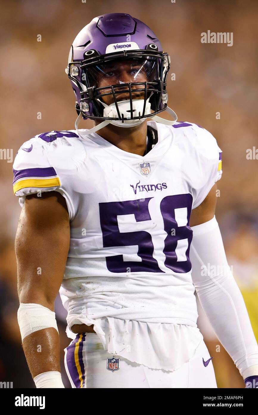 Minnesota Vikings linebacker Jordan Hicks (58) on the field after an NFL  football game against the New England Patriots, Thursday, Nov. 24, 2022 in  Minneapolis. (AP Photo/Stacy Bengs Stock Photo - Alamy