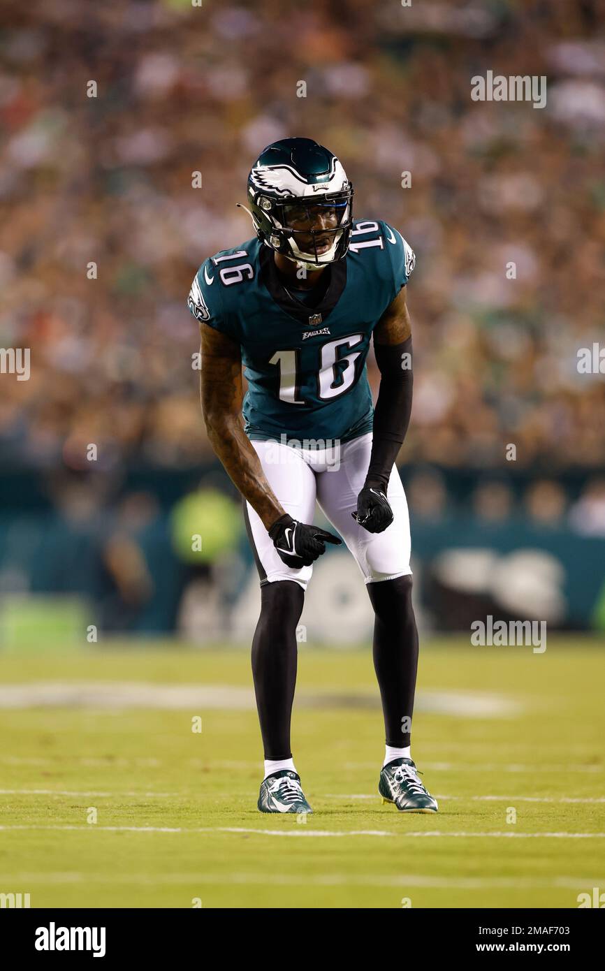 Philadelphia Eagles wide receiver Quez Watkins (16) lines up for the snap  during an NFL football game against the Minnesota Vikings on Monday,  September 19, 2022, in Philadelphia. (AP Photo/Matt Patterson Stock