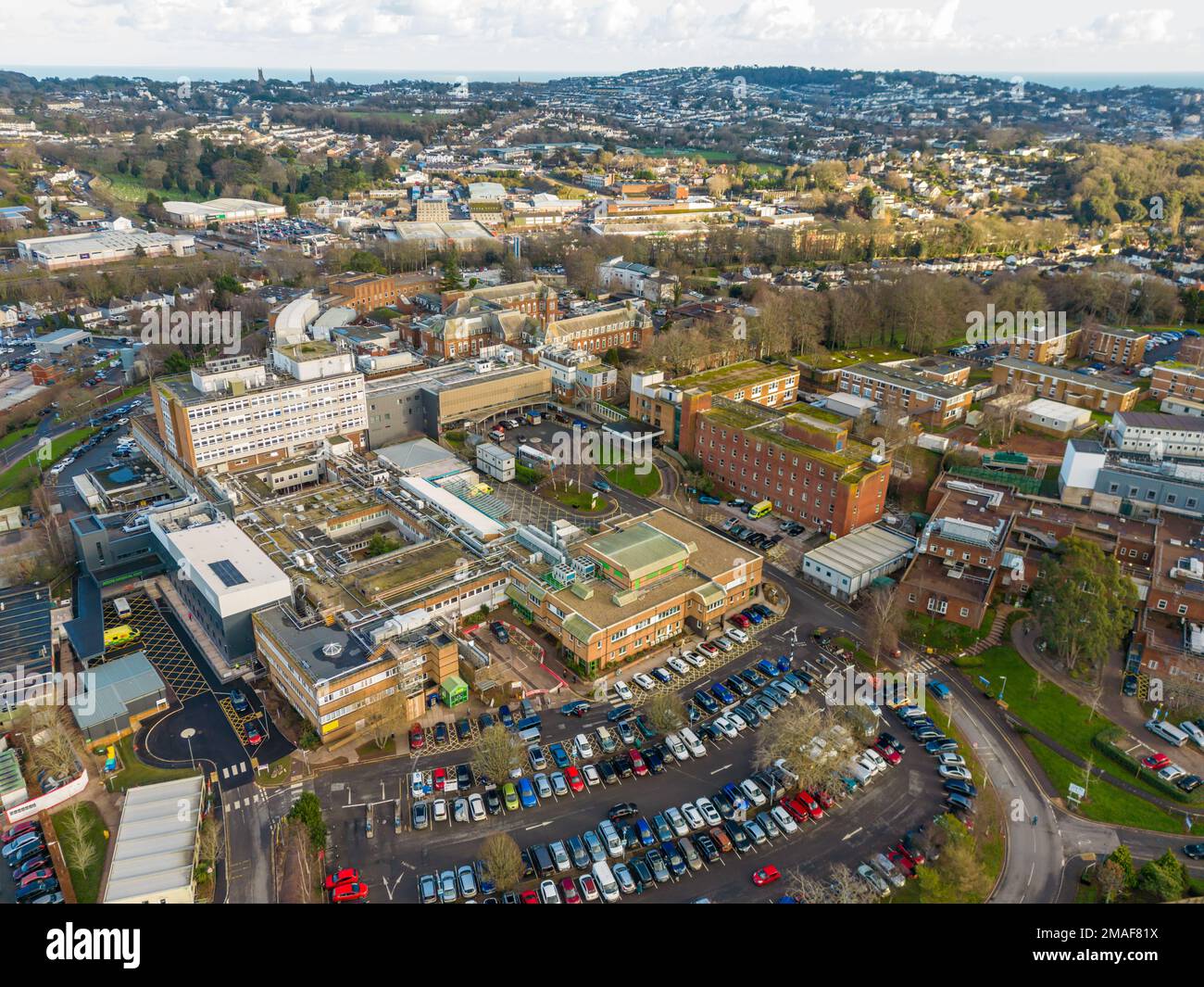 Torquay, UK. 19th Jan, 2023. Aerial view of Torbay Hospital in Torquay