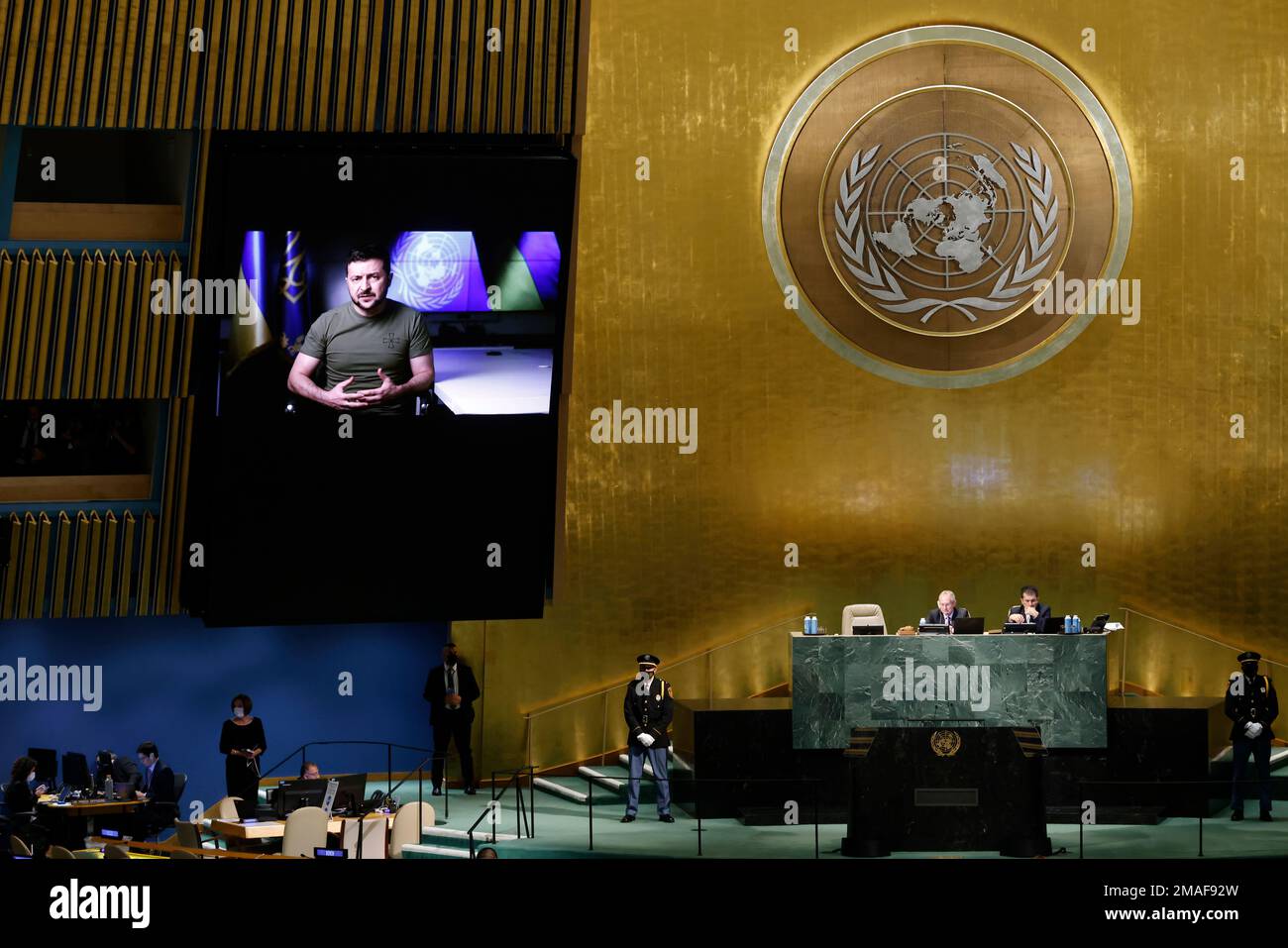 Ukrainian President Volodymyr Zelenskyy addresses the 77th session of ...