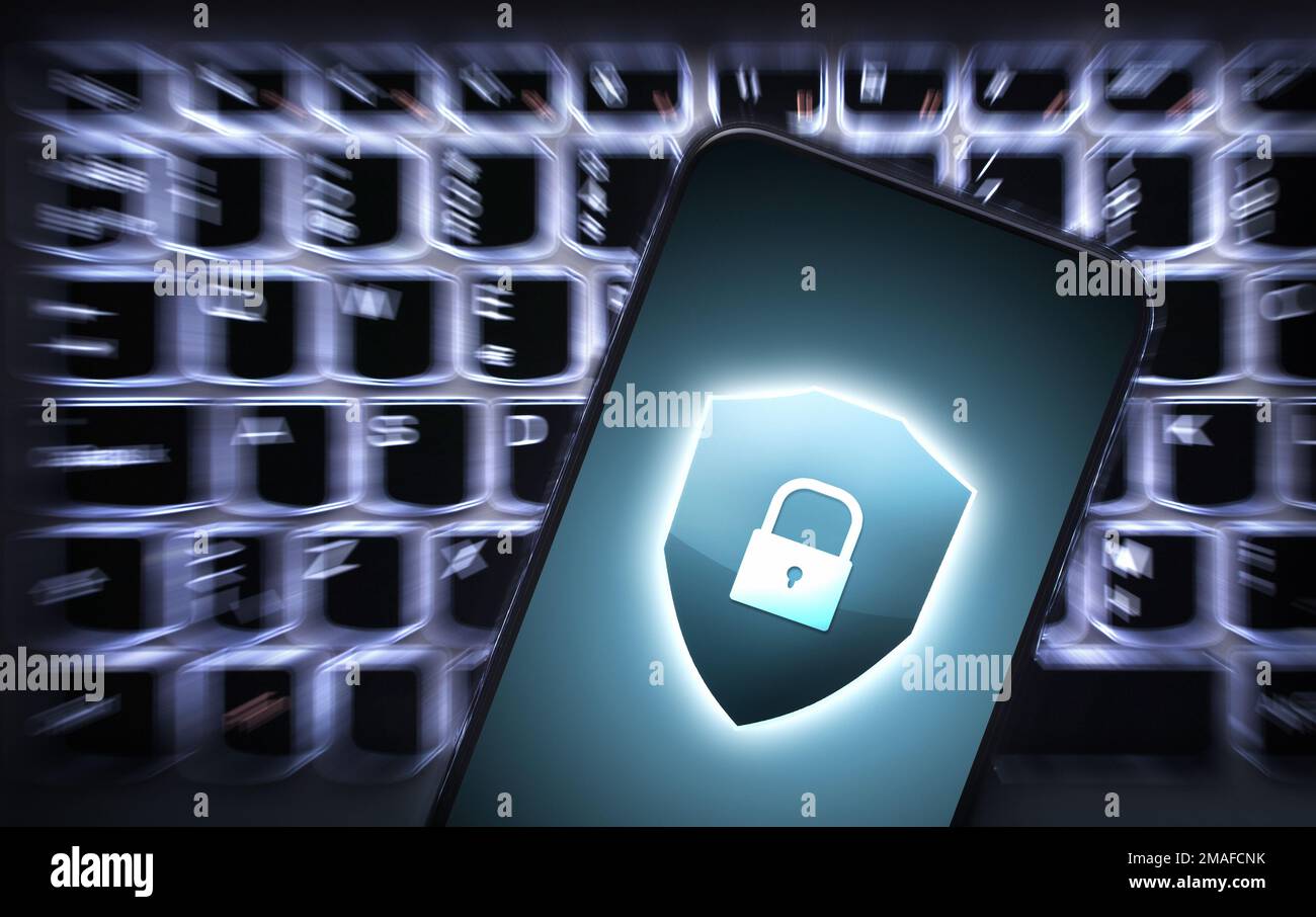Protect phone data from spyware, hacker or fraud with mobile cyber security app. Electronic safety from idendity theft attack with cybersecurity. Stock Photo
