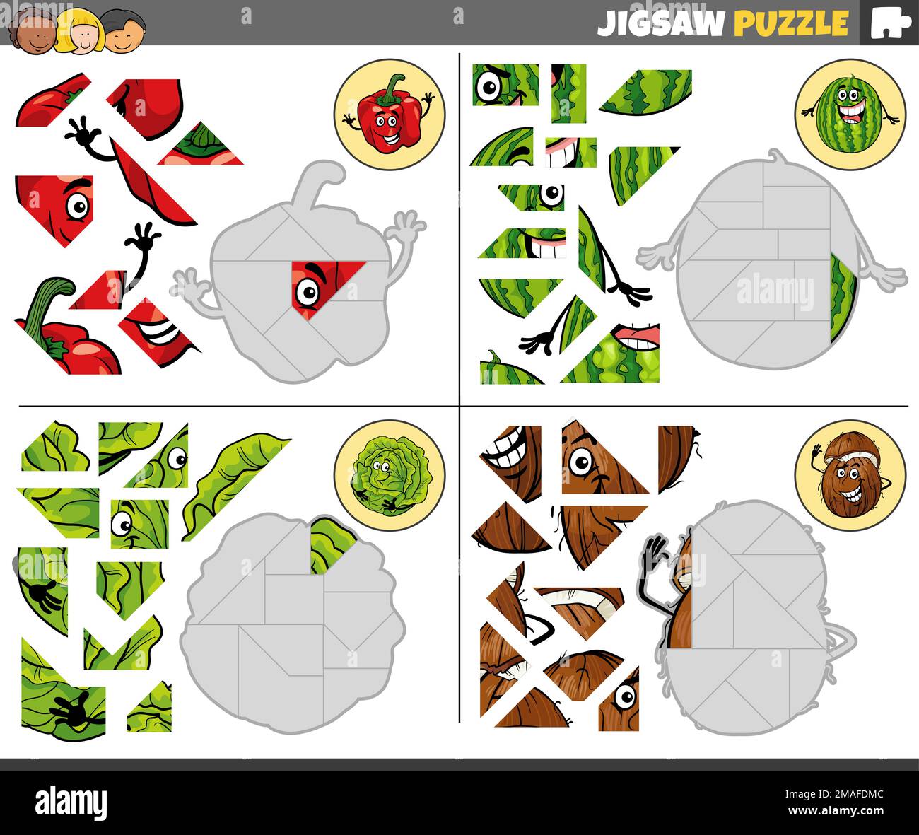 Cartoon illustration of educational jigsaw puzzle games set with fruit ...