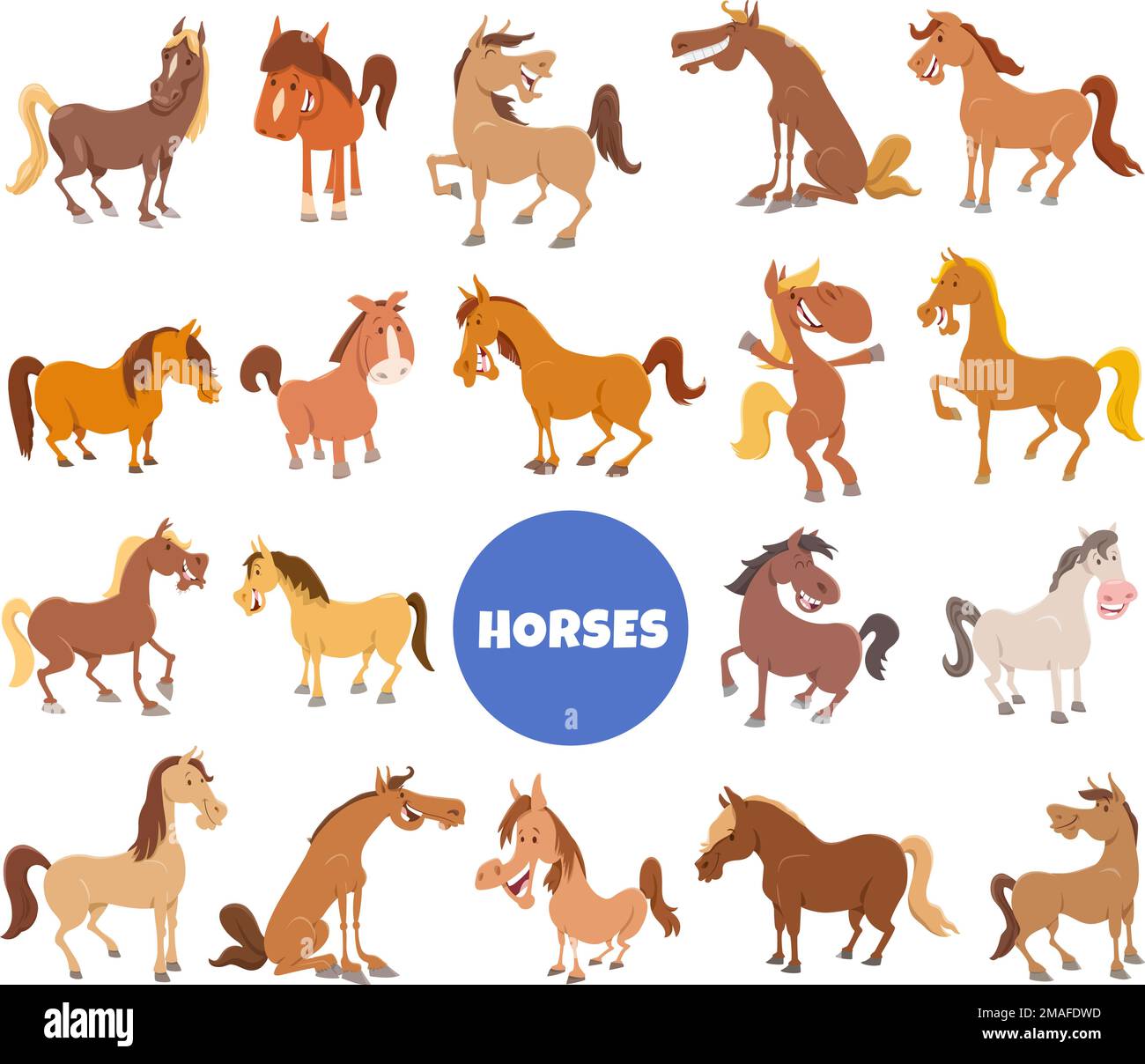 Cartoon illustration of funny horses and ponies farm animal characters big set Stock Vector