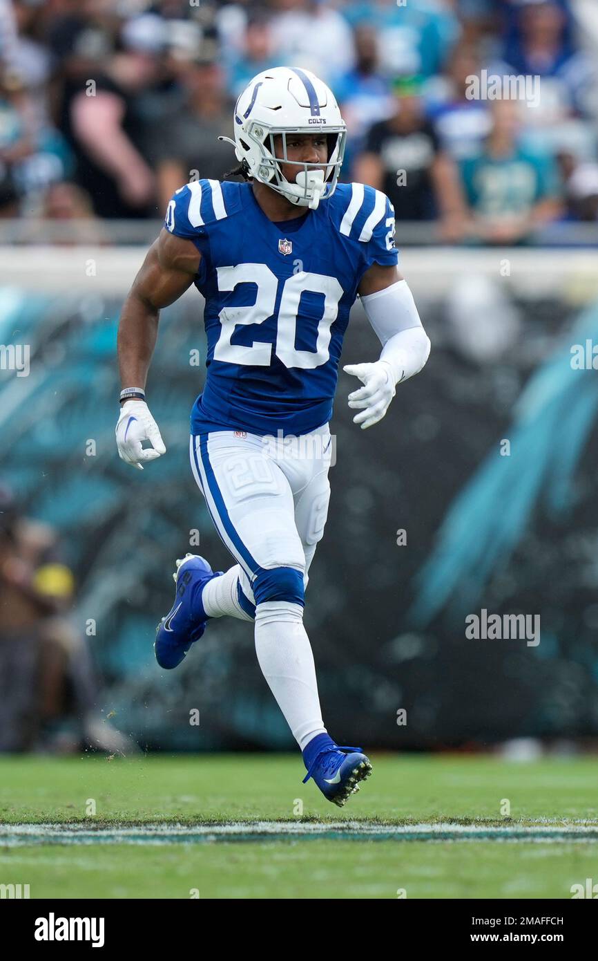 Indianapolis Colts safety Nick Cross (20) covers a kick during an NFL  football game against the