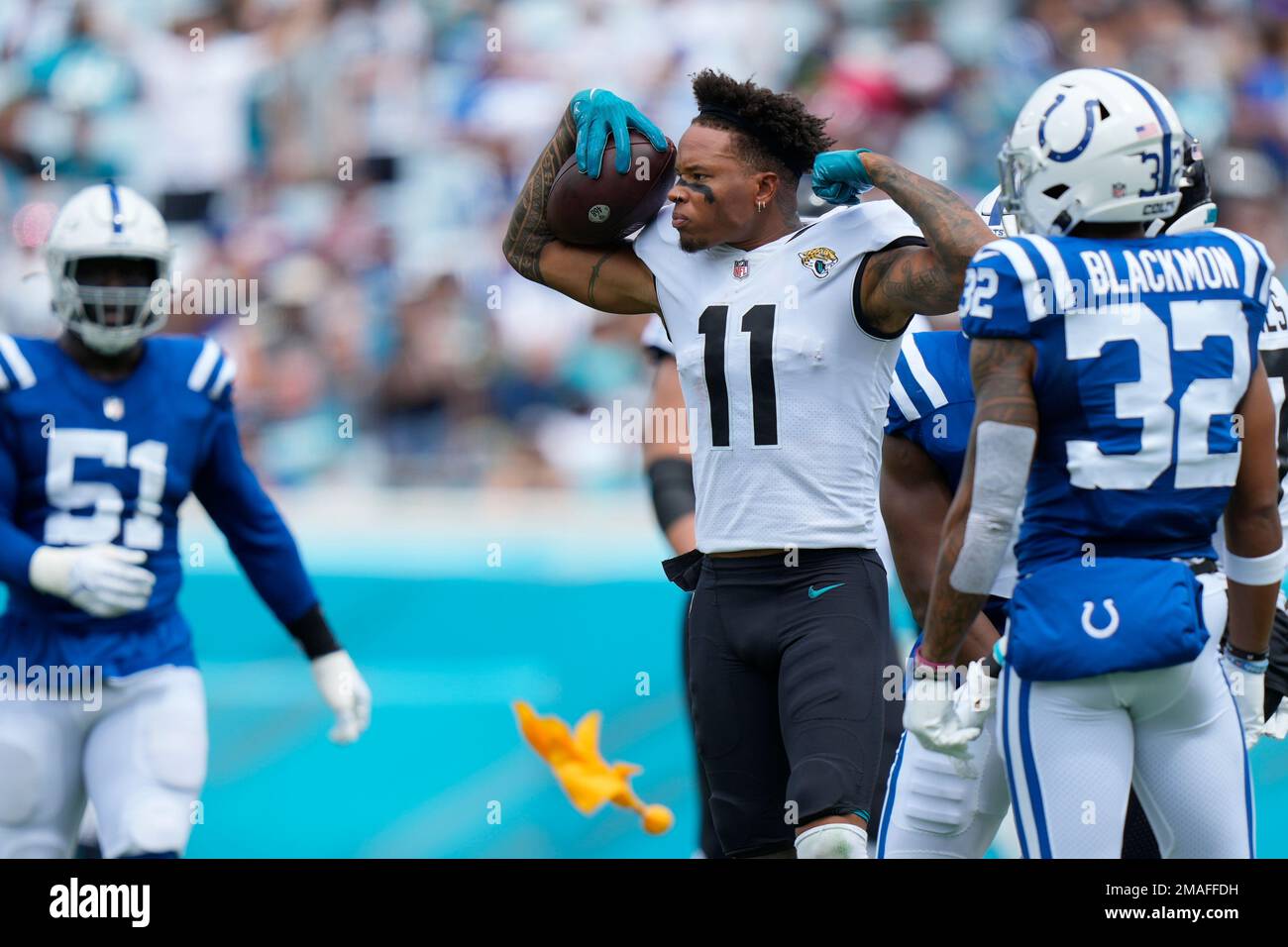 Jacksonville Jaguars wide receiver Marvin Jones (11) talks to the