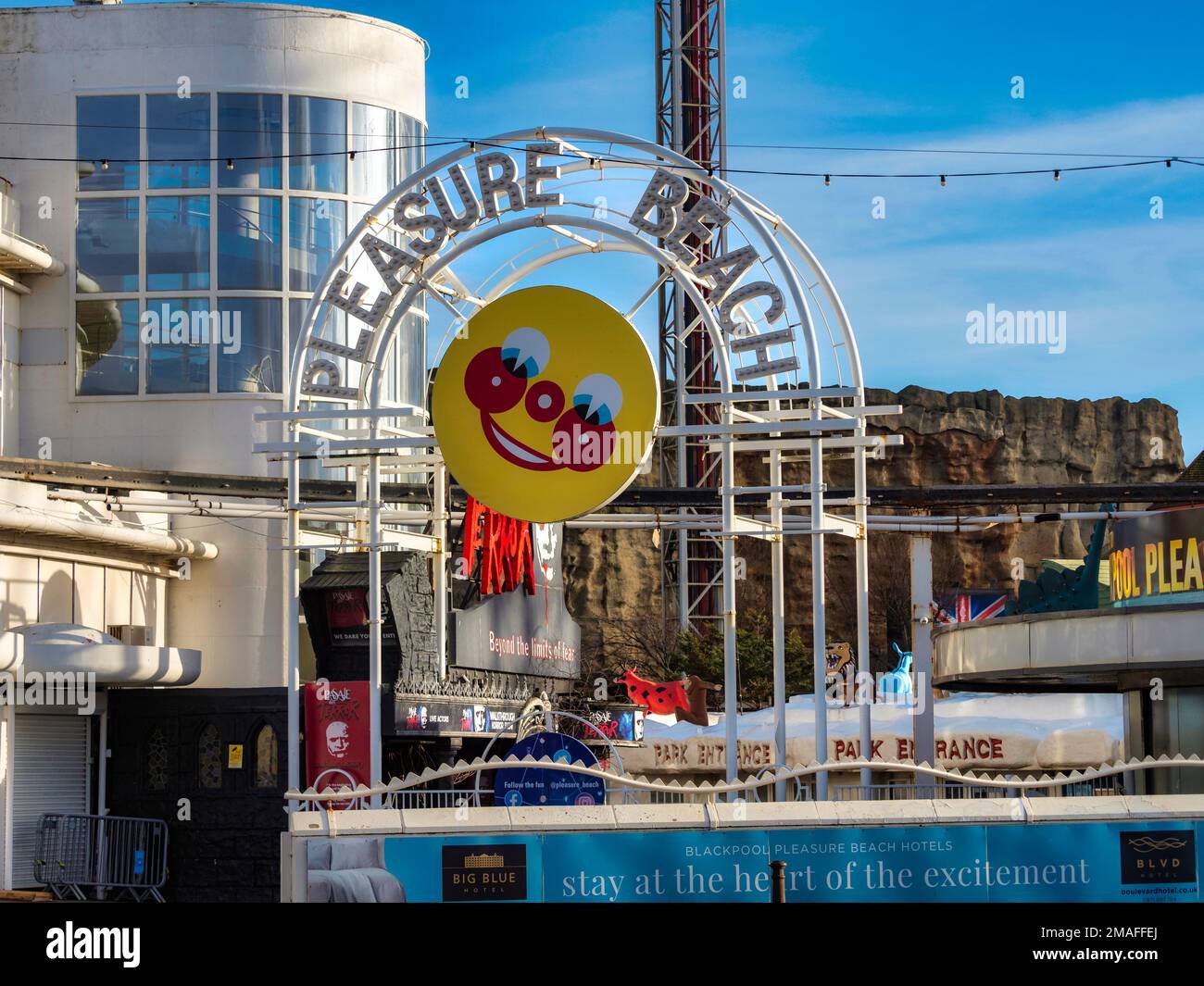 Pleasure beach entrance and logo sign Blackpool seaside resort Lancashire UK Stock Photo Alamy