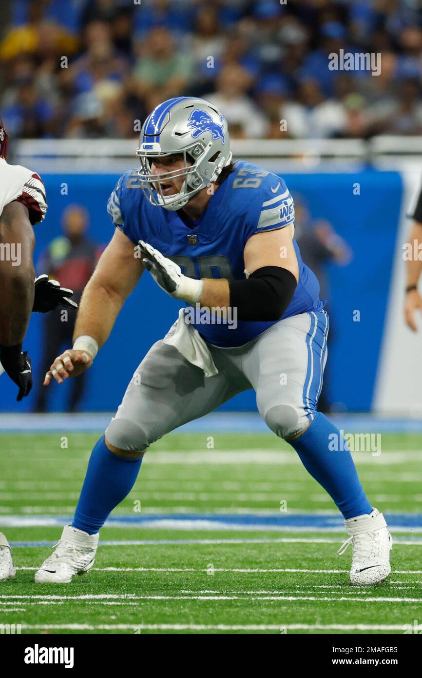 Detroit Lions center Evan Brown (63) blocks against the Washington  Commanders during an NFL football game, Sunday, Sept. 18, 2022, in Detroit.  (AP Photo/Rick Osentoski Stock Photo - Alamy