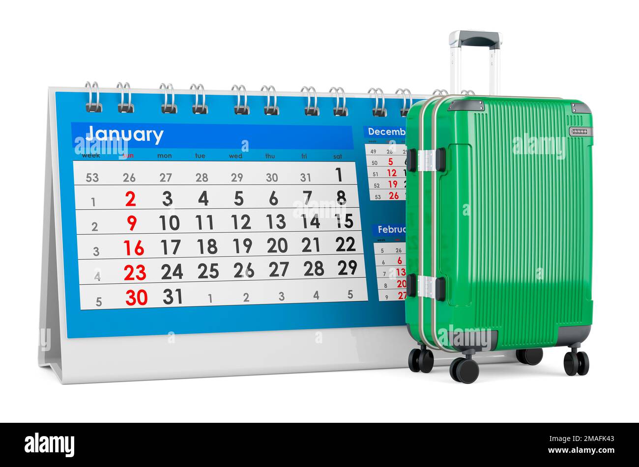 Luggage with desk calendar, 3D rendering isolated on white background ...