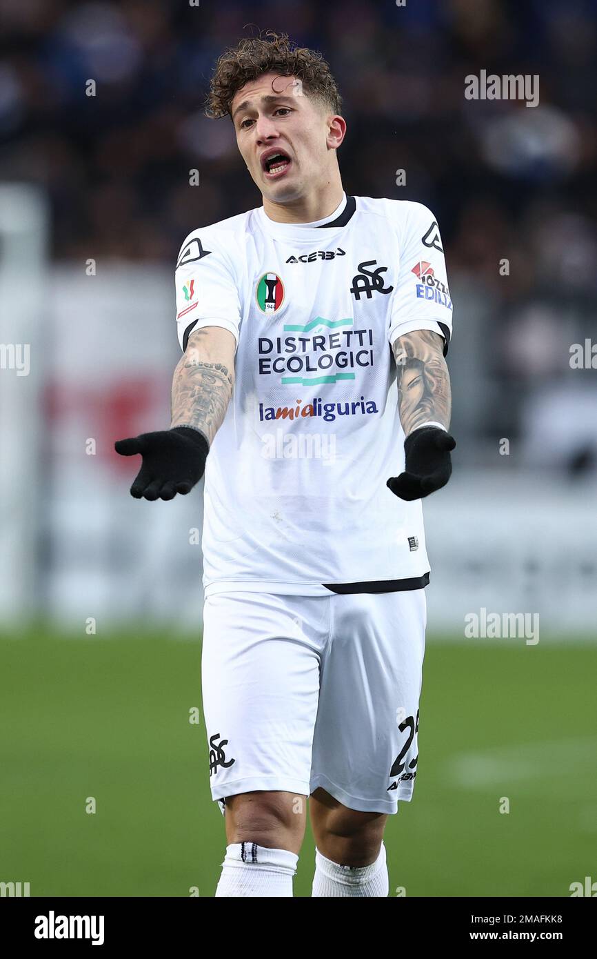 Bergamo, Italy. 19th Jan, 2023. Salvatore Esposito of Spezia Calcio  gestures during Atalanta BC vs Spezia Calcio, Italian football Coppa Italia  match in Bergamo, Italy, January 19 2023 Credit: Independent Photo  Agency/Alamy