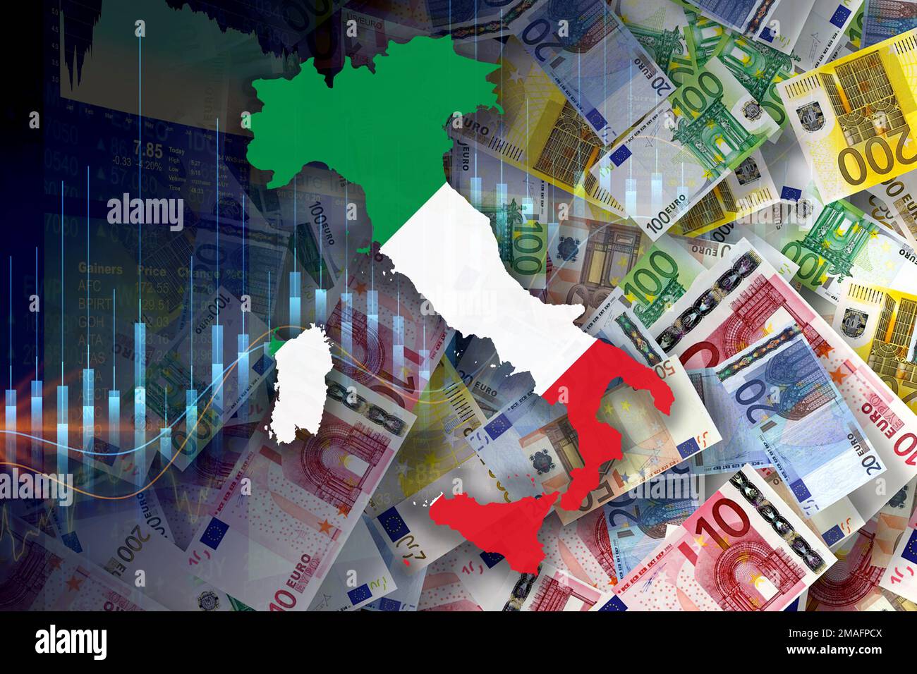 Italy map and flag, cash euro banknotes and stock market indicators (economy, money, inflation, crisis, markets, finance, business) Stock Photo