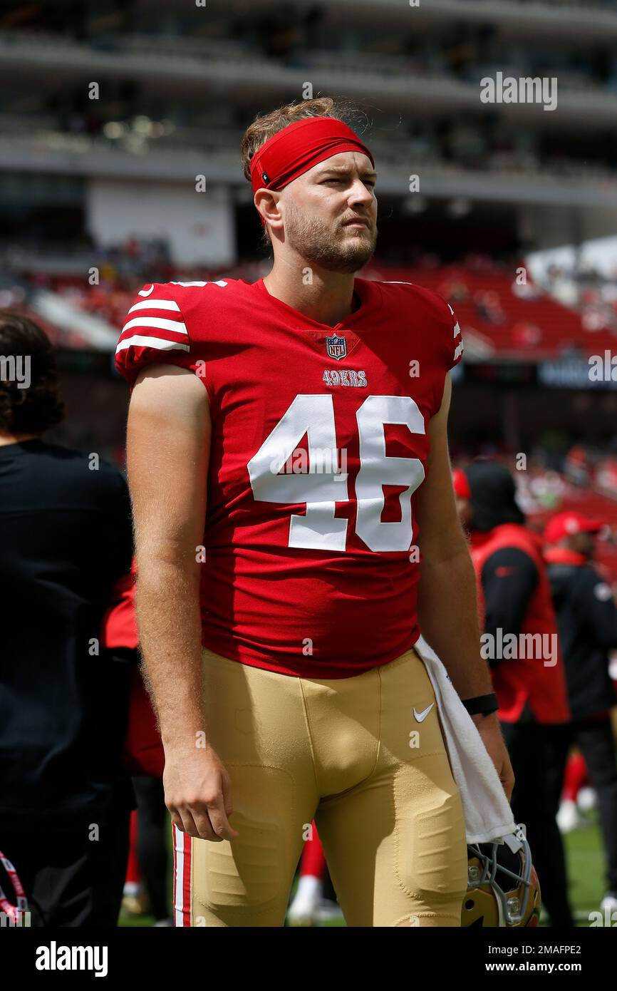 San Francisco 49ers long snapper Taybor Pepper (46) looks on before an NFL  football game against the Seattle Seahawks, Sunday, Sept. 18, 2022 in Santa  Clara, Calif. (AP Photo/Lachlan Cunningham Stock Photo - Alamy