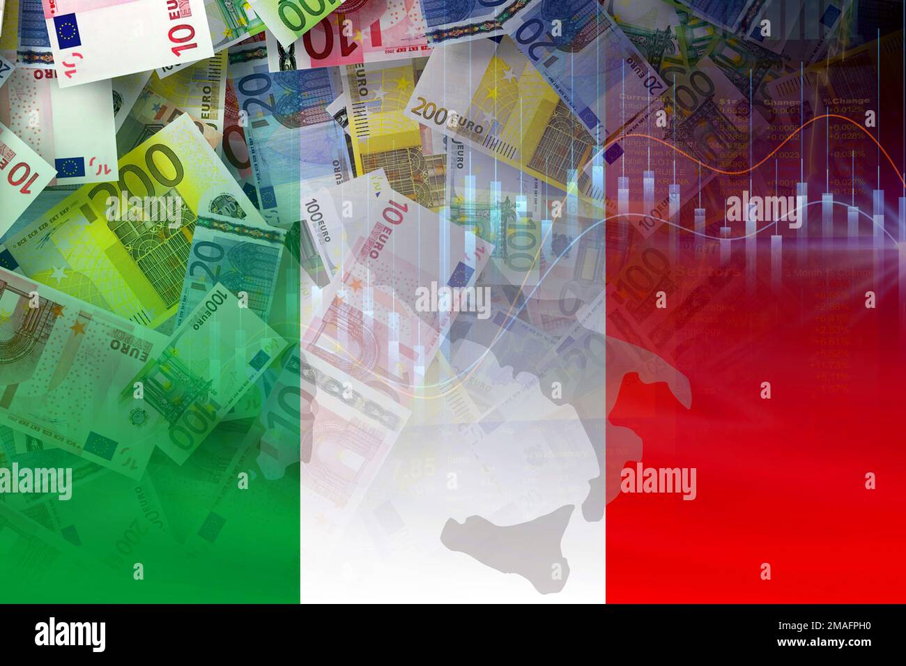 Italy map and flag, cash euro banknotes and stock market indicators (economy, money, inflation, crisis, markets, finance, business) Stock Photo