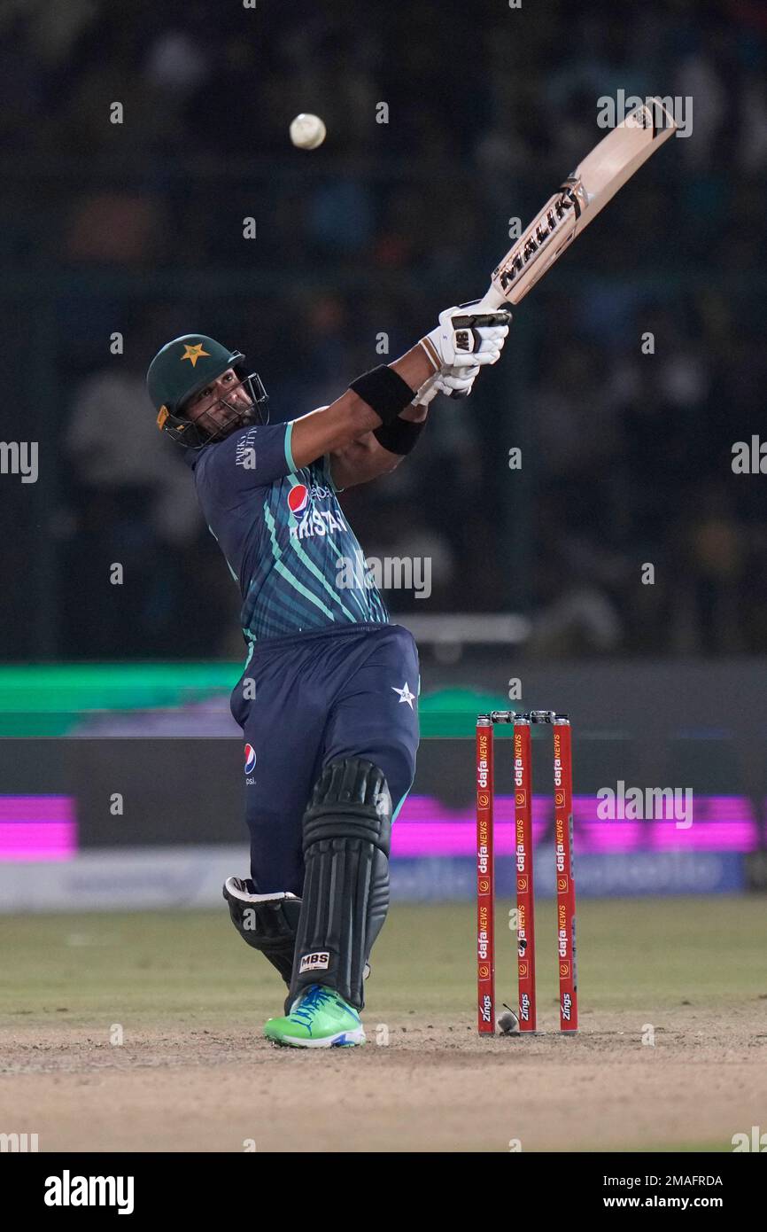 Pakistan's Iftikhar Ahmed plays a shot during the first T20 cricket ...