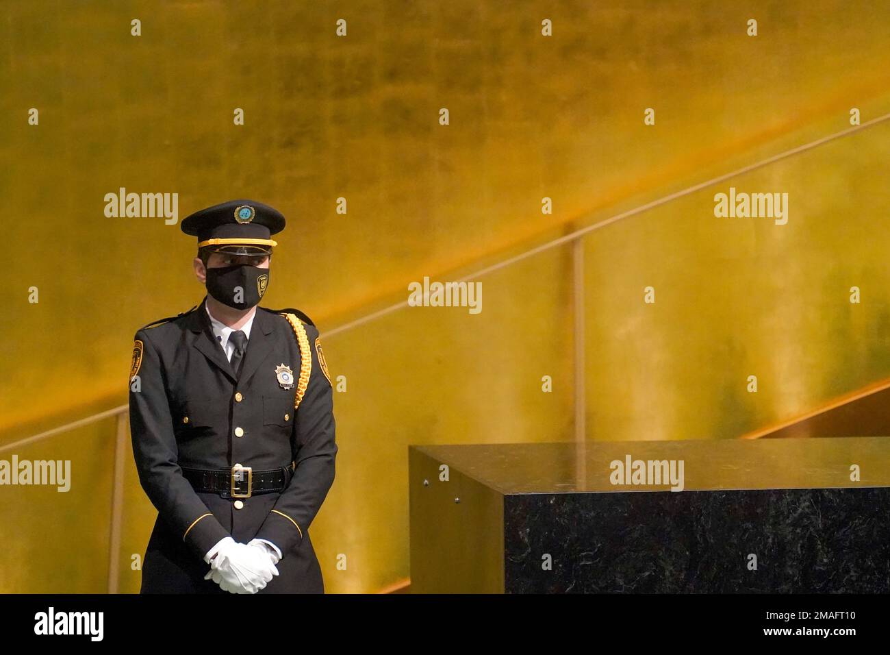 A United Nations honor guard stands on stage as President of Colombia  Gustavo Petro addresses the 77th session of the United Nations General  Assembly, Tuesday, Sept. 20, 2022 at U.N. headquarters. (AP