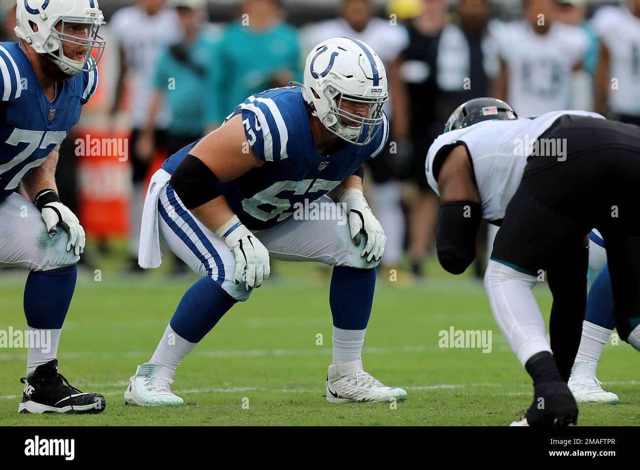 Indianapolis Colts guard Danny Pinter (63) on the sidelines during an NFL  football game against the Miami Dolphins, Sunday, Oct. 3, 2021, in Miami  Gardens, Fla. (AP Photo/Doug Murray Stock Photo - Alamy