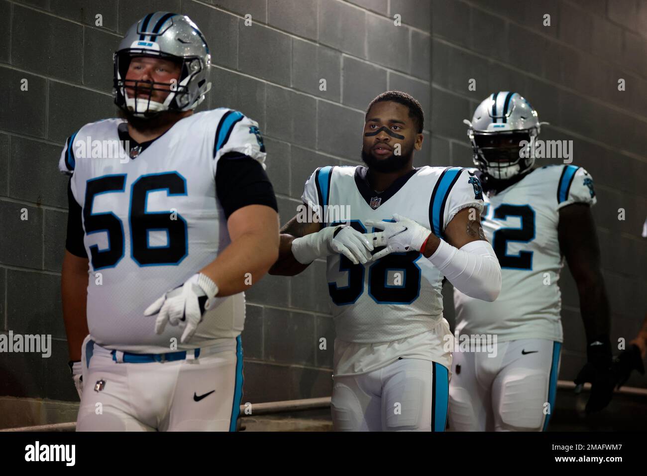 Carolina Panthers cornerback Myles Hartsfield (38) takes the field before  an NFL football game against the New York Giants on Sunday, Sept. 18, 2022,  in East Rutherford, N.J. (AP Photo/Adam Hunger Stock