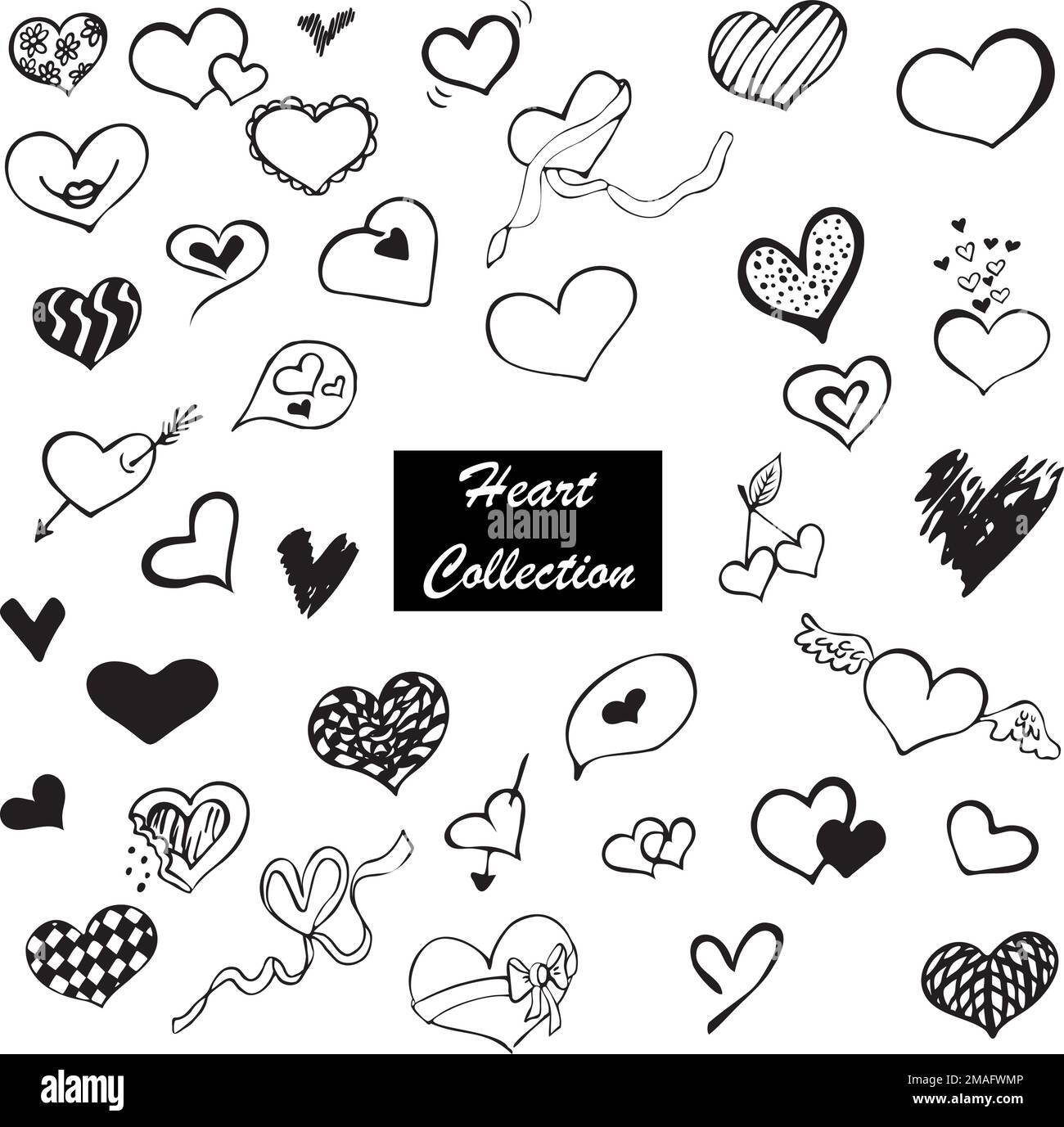 Love Hearts Doodle Set in Black and White Colors. Vector Illustration ...