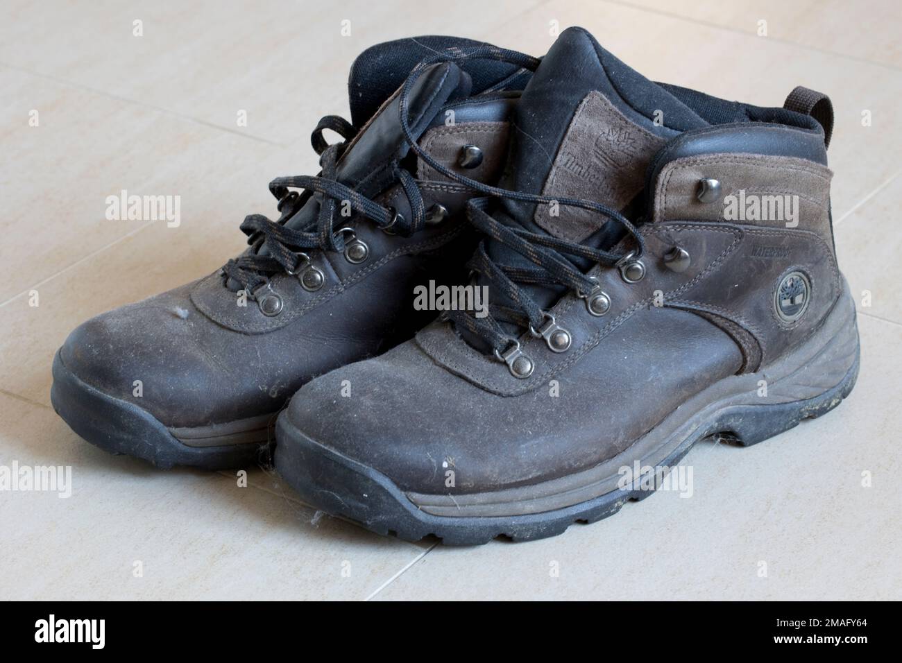 Pair of leather men's walking boots UK Stock Photo