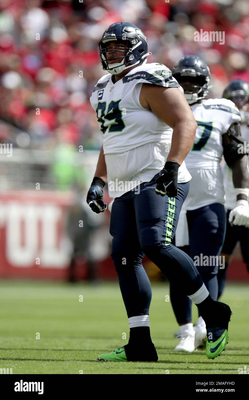 Seattle Seahawks defensive tackle Al Woods (99) reacts after a play during  an NFL football game against the Seattle Seahawks, Sunday, Sept. 18, 2022,  in Santa Clara, Calif. (AP Photo/Scot Tucker Stock