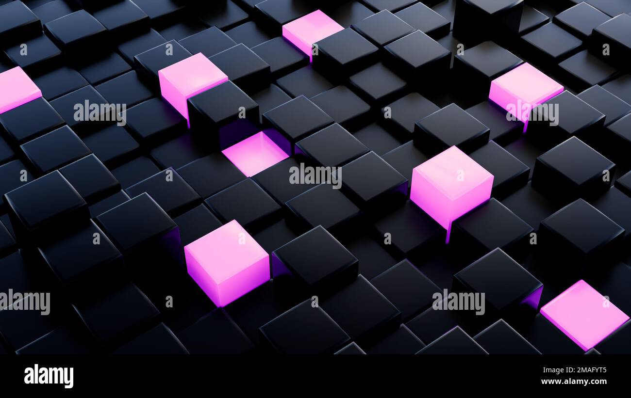 Black 3D Abstract cubes with pink glowing cubes background Illustration ...