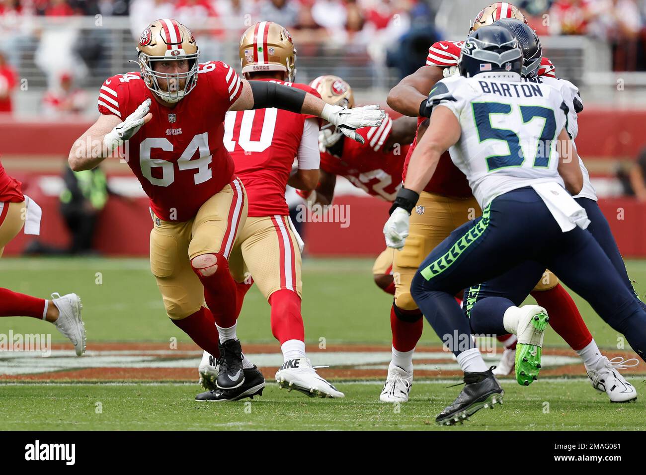 San Francisco 49ers center Jake Brendel (64) during an NFL football game  against the Seattle Seahawks in Santa Clara, Calif., Sunday, Sept. 18,  2022. (AP Photo/Josie Lepe Stock Photo - Alamy