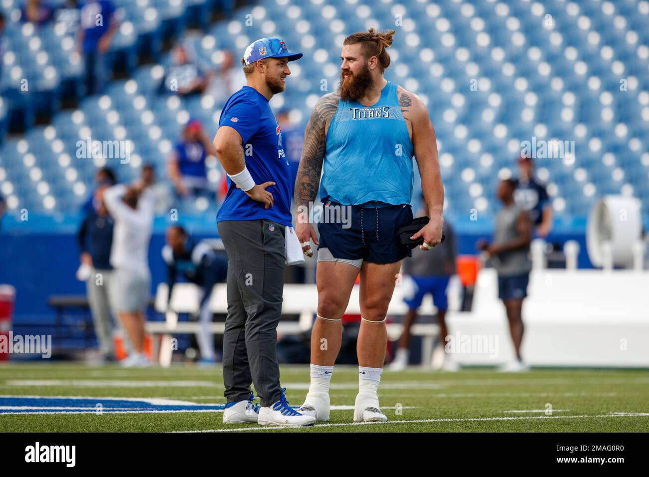 Buffalo Bills quarterback Case Keenum (18) and Tennessee Titans guard Jordan  Roos talk before an NFL football game, Monday, Sept. 19, 2022, in Orchard  Park, NY. (AP Photo/Matt Durisko Stock Photo - Alamy