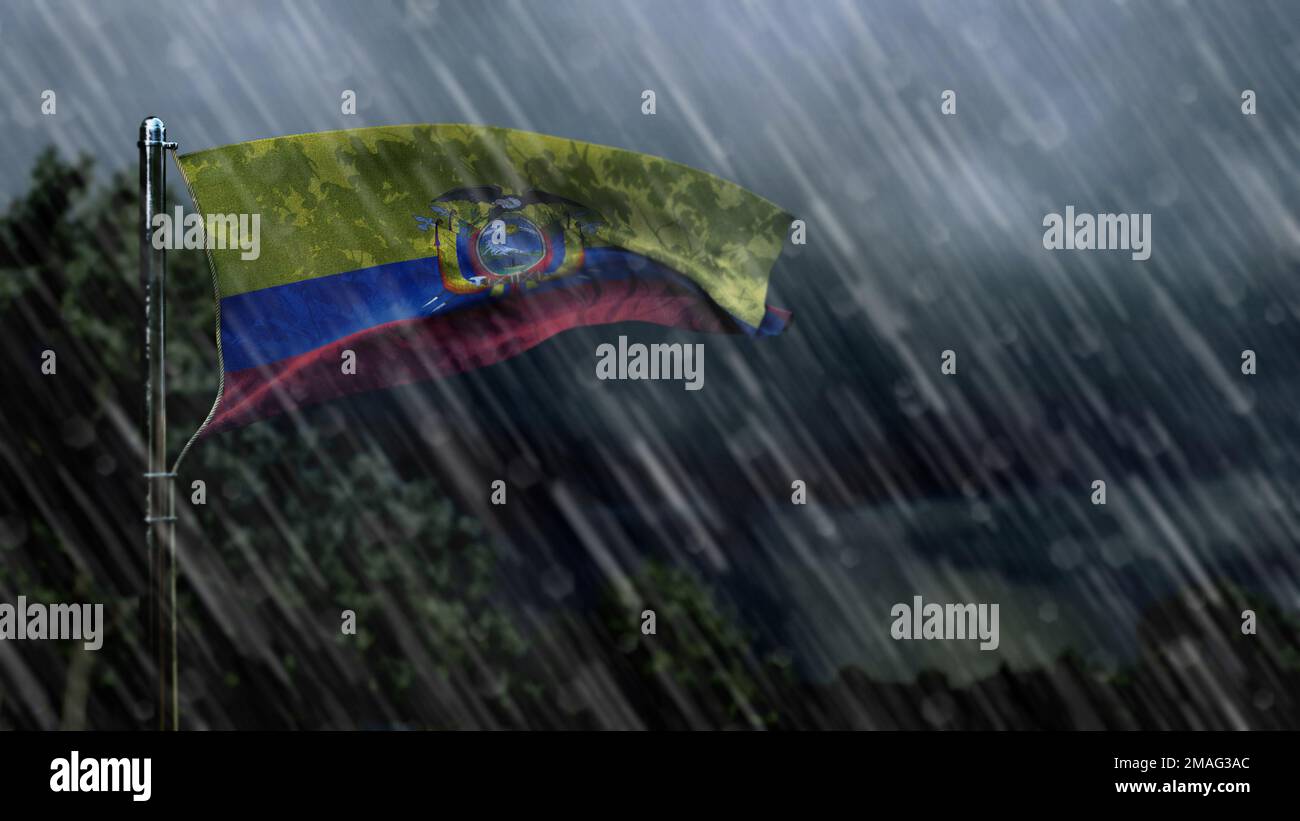 flag of Ecuador with rain and dark clouds, rainfall forecast symbol